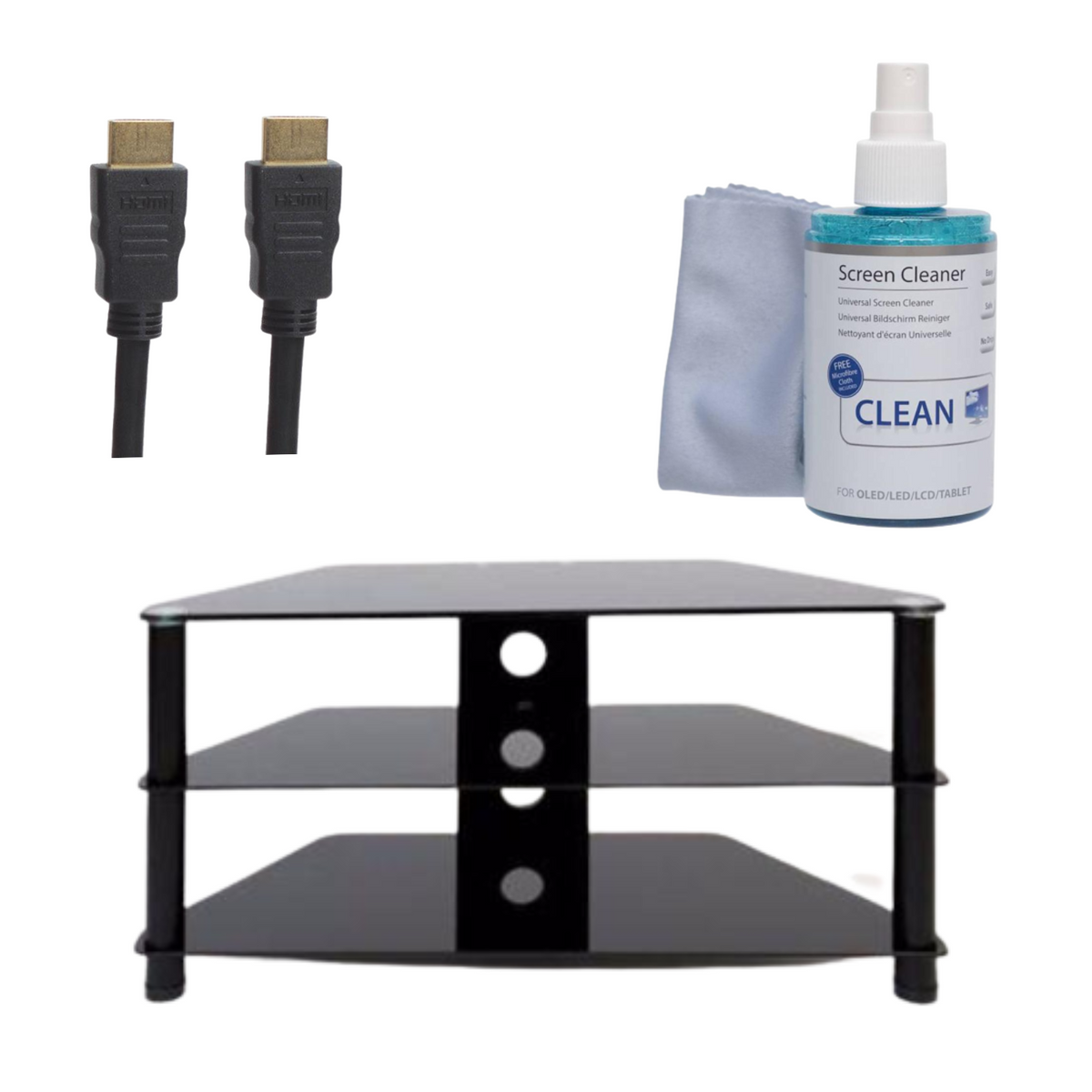 3 Glass Shelf TV Stand 37&quot; up to 42&quot; with Cable Management | 1m HDMI cable | Screen Clean Gel Bundle | TVSTANBUN1 from Sinox - DID Electrical