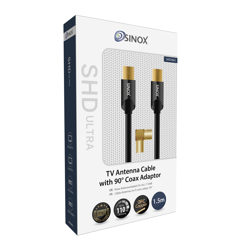 Sinox 1.5M SHD Ultra Antenna Cable with 90° Coax Adaptor - Black | SHD3862 from Sinox - DID Electrical