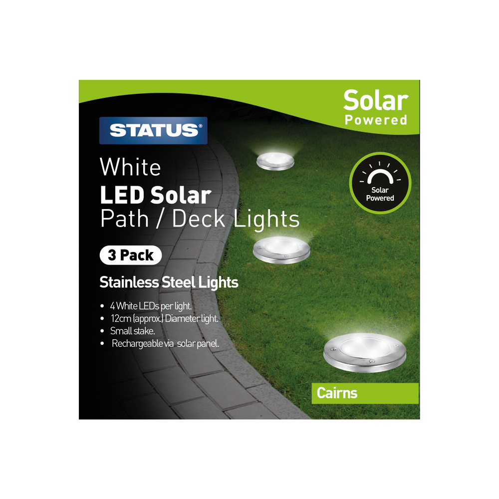 Homeline Cairns 3 12cm LED White Solar Deck Lights - Stainless Steel | CAIRNSSDL123 (7365937955004)