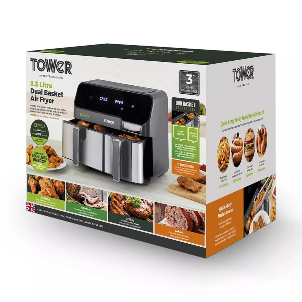 Tower Vortx 1700W 8.5L Duo Capacity Basket Air Fryer with Smart Finish - Grey | T17099 from Tower - DID Electrical