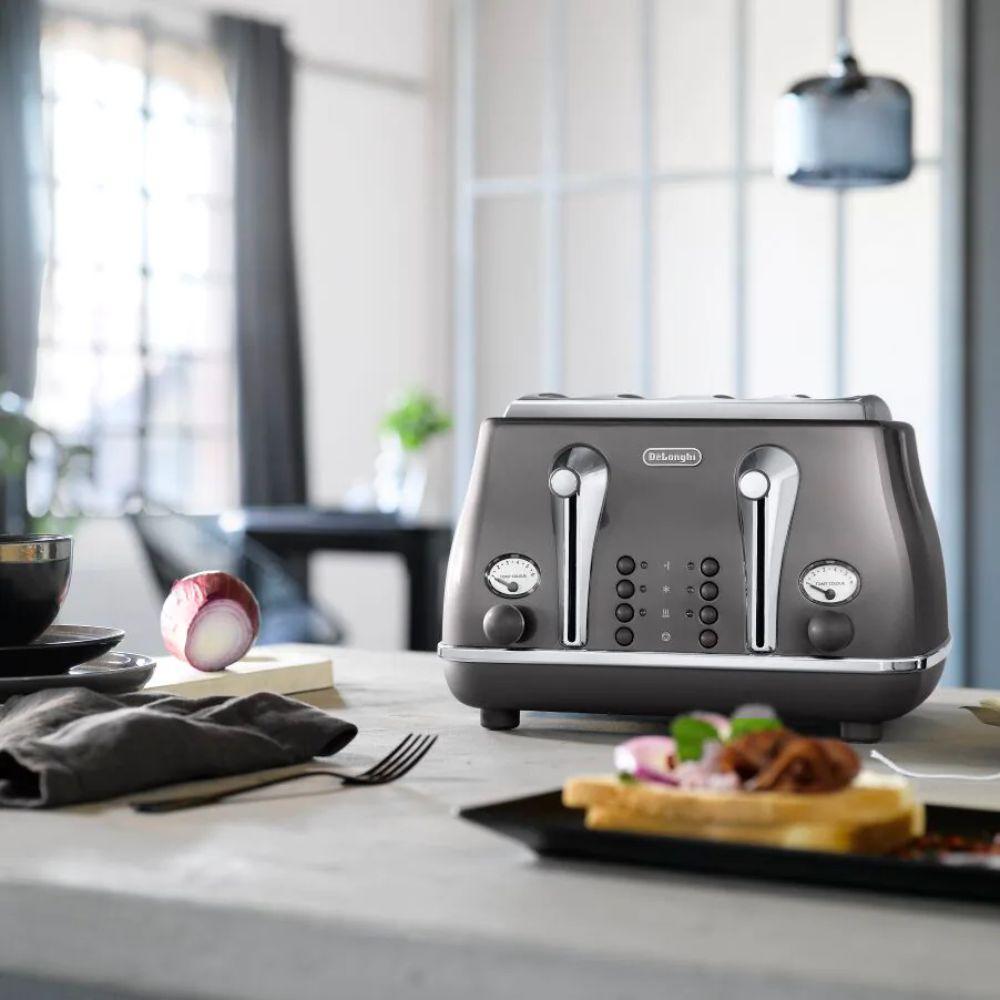 DeLonghi Icona Metallics 1800W 4 Slice Toaster Grey DID.ie DID Electrical