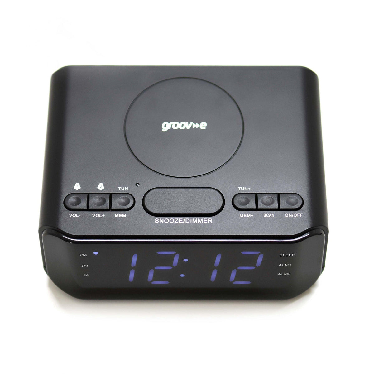 Groov-E FM Alarm Clock Radio with USB &amp; Wireless Charging - Black | GVWC06BK from DID Electrical - guaranteed Irish, guaranteed quality service. (6977634009276)