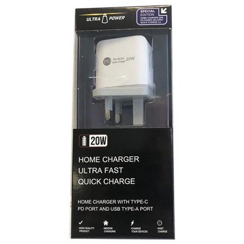 Homeline UltraPower 20W Home Charger with Type-C PD Port & USB Type-A Port - White | AC21202 (7322604994748)