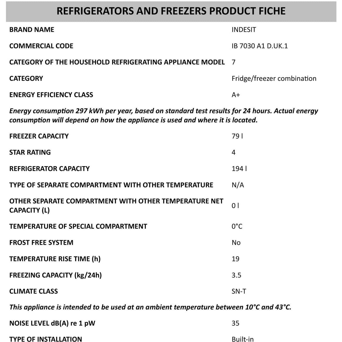 Indesit 177x54cm Integrated Fridge Freezer - White | IB7030A1D from DID Electrical - guaranteed Irish, guaranteed quality service. (6890757128380)